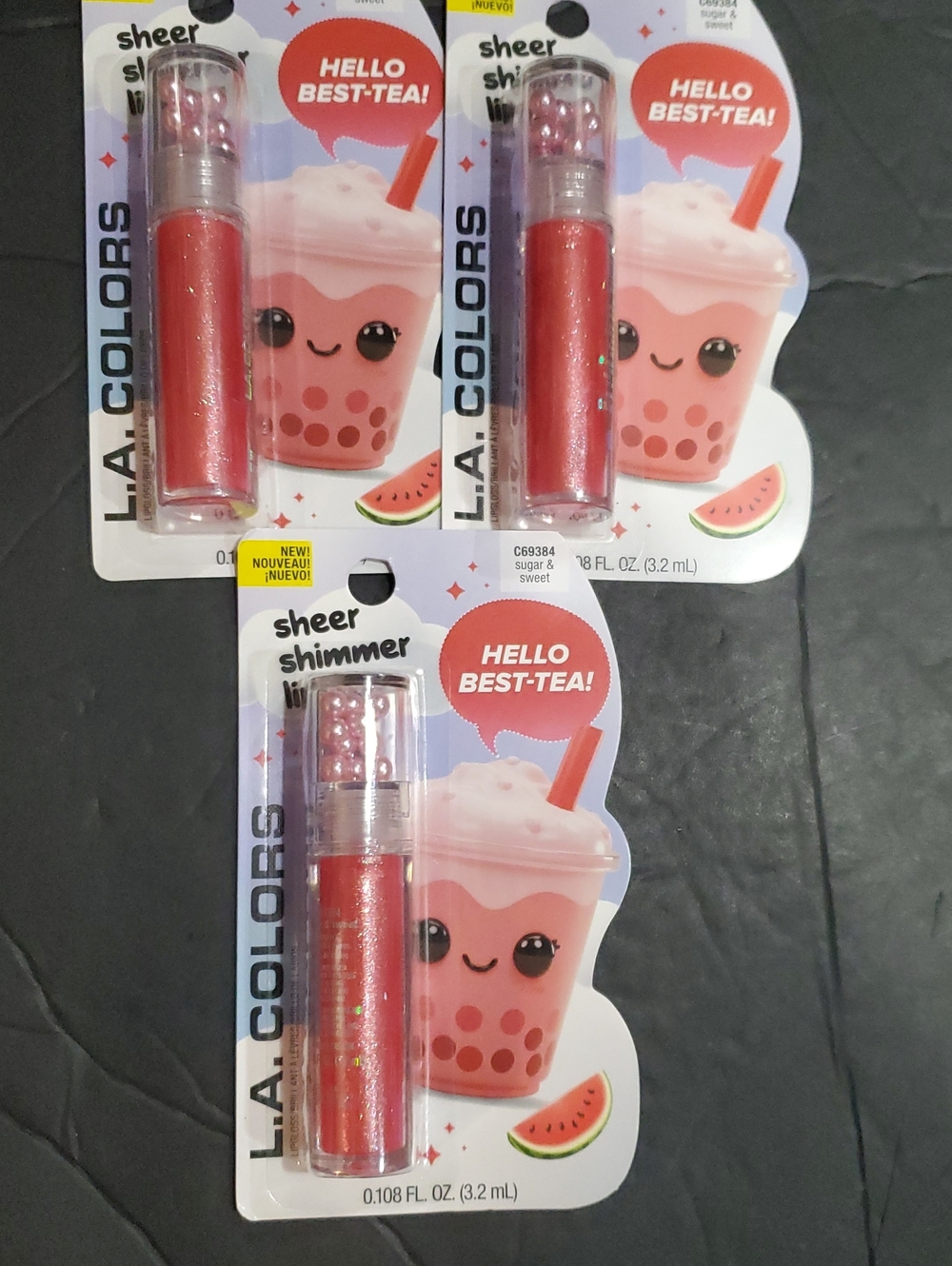 3pack sugar & sweet hello best-tea (pink) bobba tea inspired sheer lipgloss set